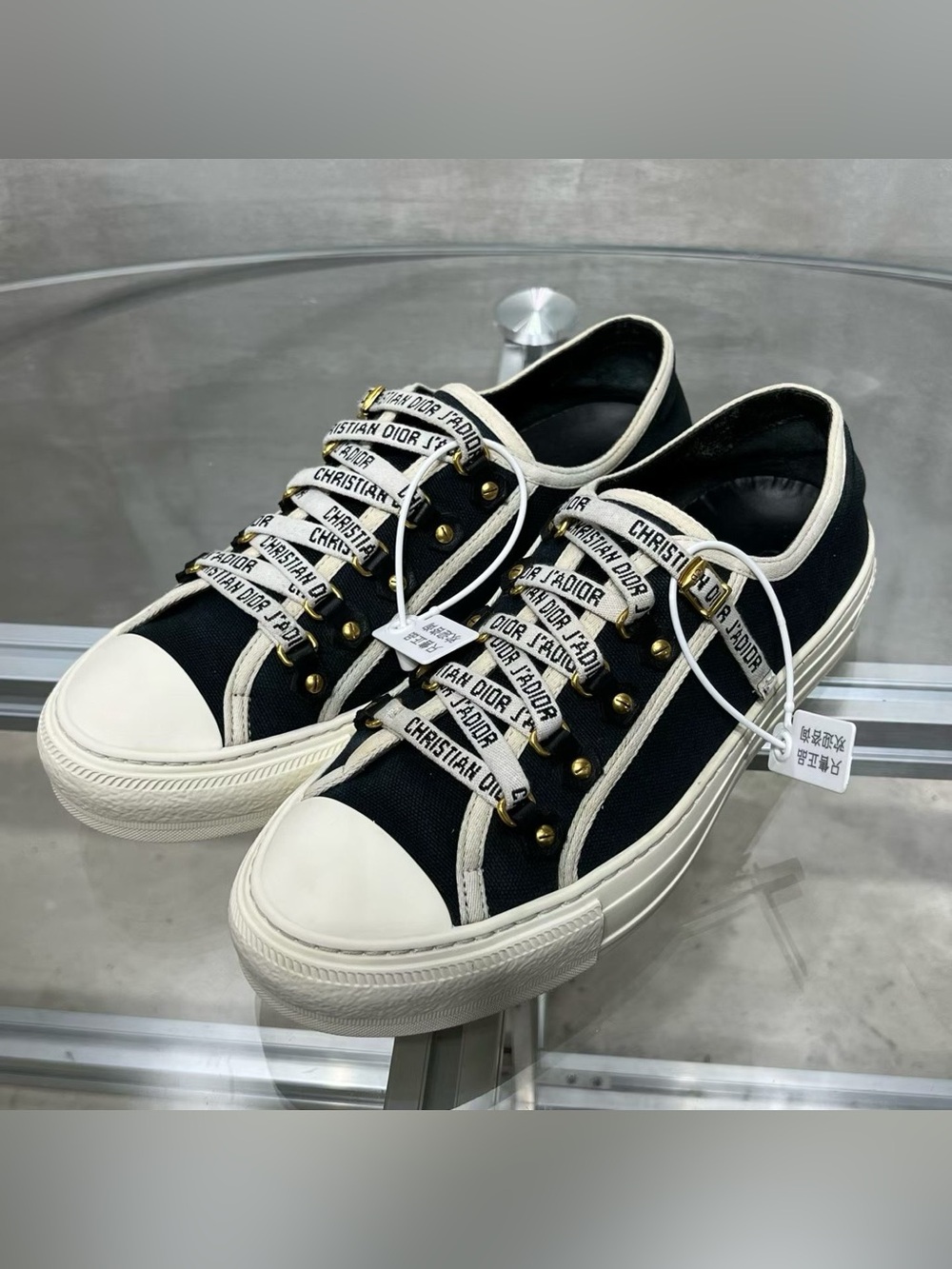 Dior Black and White Low-Top Canvas Sneakers with Branded Ribbon Laces
